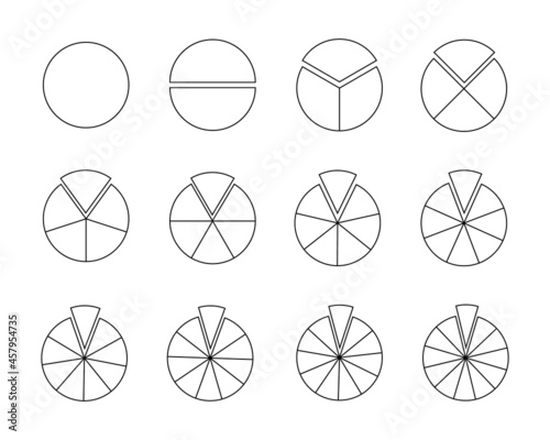 Circles segmented into sections from 1 to 12. Pie or pizza shapes cut in equal slices in outline style. Round statistics chart examples isolated on white background. Vector linear illustration.