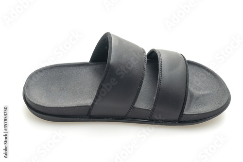 black leather sandals on white background