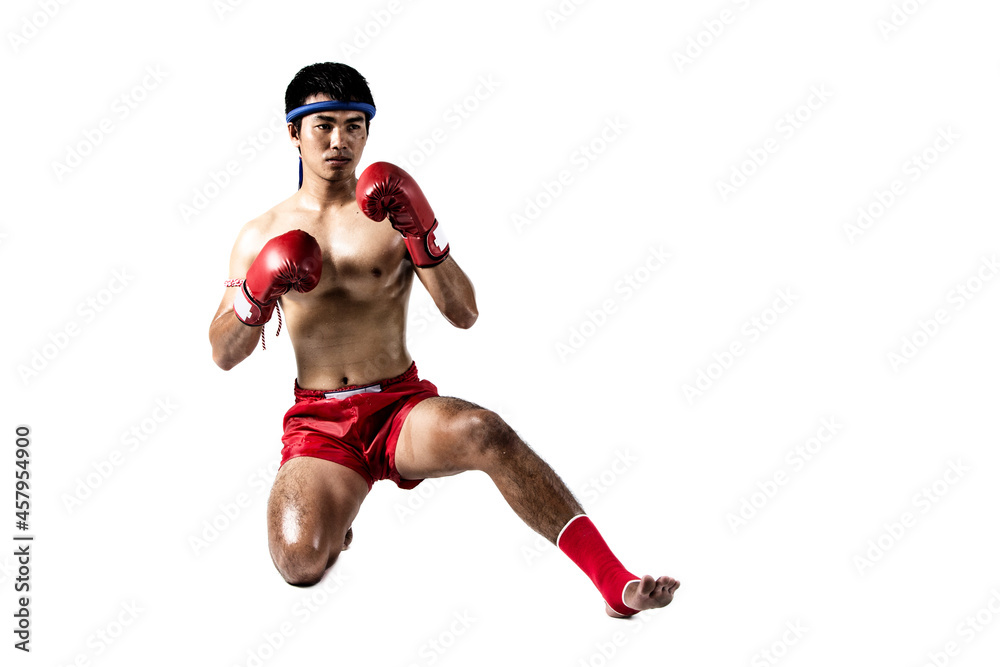 Muay thai, Asian man exercising thai boxing isolated on white background Muay thai, Asian man exercising thai boxing isolated on white background