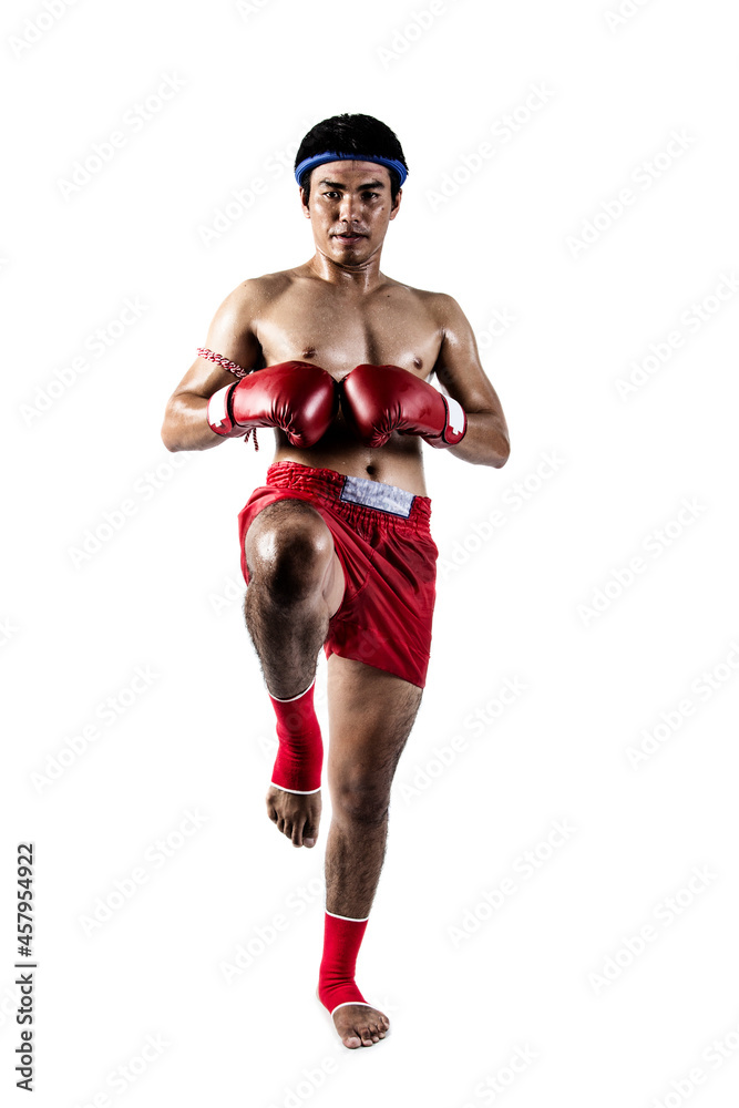 Muay thai, Asian man exercising thai boxing isolated on white background