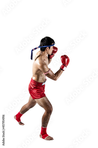 Muay thai, Asian man exercising thai boxing isolated on white background © kromkrathog