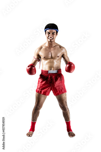 Muay thai, Asian man exercising thai boxing isolated on white background