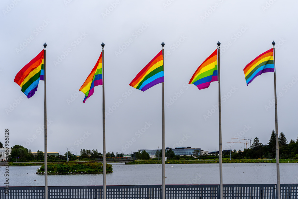 View of the Pride Flags waving in the air their colorful colores in the Iceland View of the Pride Flags waving in the air their colorful colores in the Iceland