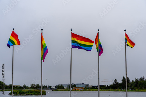 View of the Pride Flags waving in the air their colorful colores in the Iceland