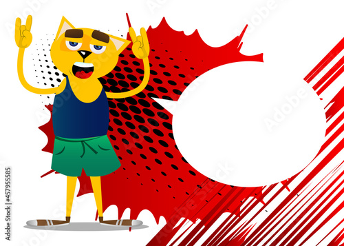 Funny cartoon cat with hands in rocker pose. Vector illustration. Cute orange, yellow haired young kitten.