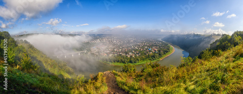 Panoramic view on Zalishchyky town and the Dniester river meander and canyon photo
