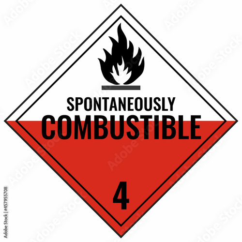 Spontaneously combustible class 4 placard sign. White, Red background warning label. Symbols safety for shipments of hazardous materials