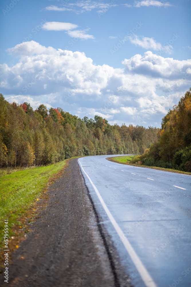 Straight road with a marking on the nature background. Open Road in future, no cars, auto on asphalt road through green forest, trees. Clouds on blue sky in summer, sunshine, sunny day. Bottom view Straight road with a marking on the nature background. Open Road in future, no cars, auto on asphalt road through green forest, trees. Clouds on blue sky in summer, sunshine, sunny day. Bottom view