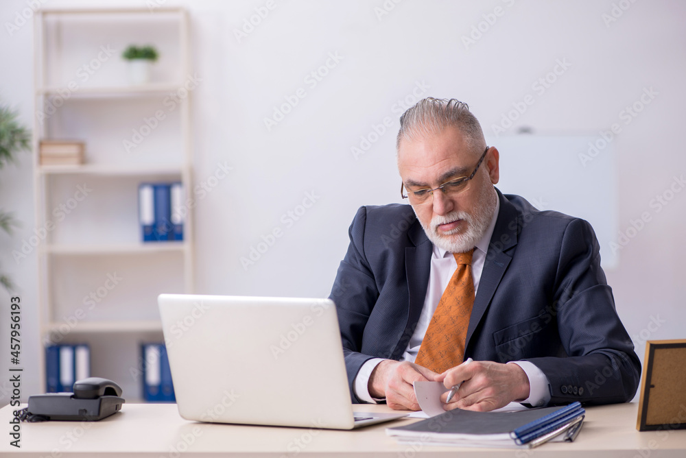 Old male employee working in the office Old male employee working in the office