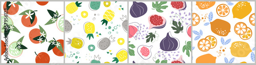 Set abstract contemporary seamless pattern with citrus fruits, vitamins. Healthy vegan food. Lemons, oranges, tangerines into round slices, figs, pineapple. Simple shapes, leaves. Vector graphics.