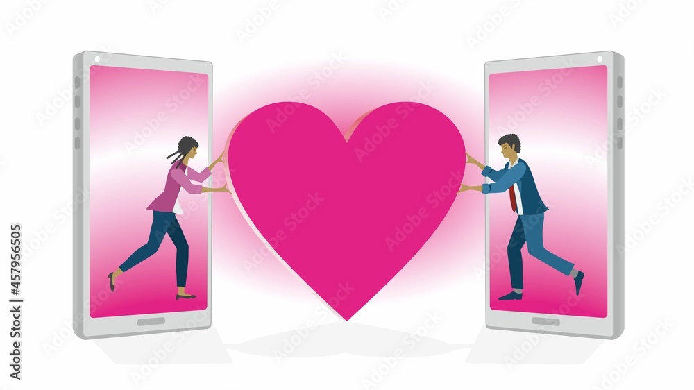 Man and woman finding love on online dating. Vector illustration. Dimension 16:9.
Man and woman finding love on online dating. Vector illustration. Dimension 16:9.