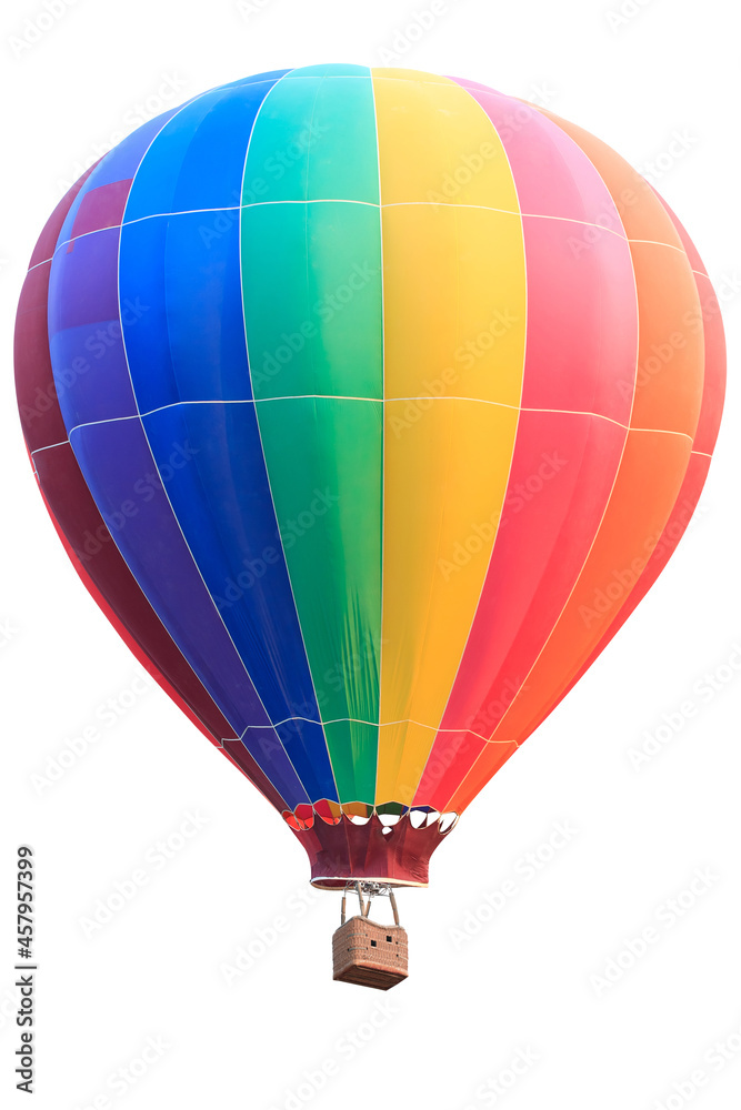 Naklejka premium Rainbow colorful hot air balloon with basket isolate on white background with clipping path