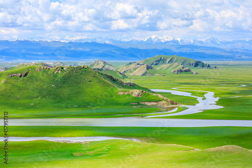 Bayinbuluke grassland natural scenery in Xinjiang China.Beautiful grassland and mountain landscape.