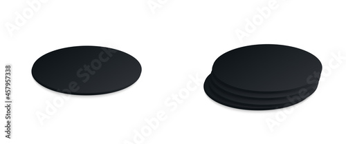Circle beer coaster. Empty black mockup. Pprotection coaster for beer glasses, tea cups isolated on white background. Branding template vector illustration.