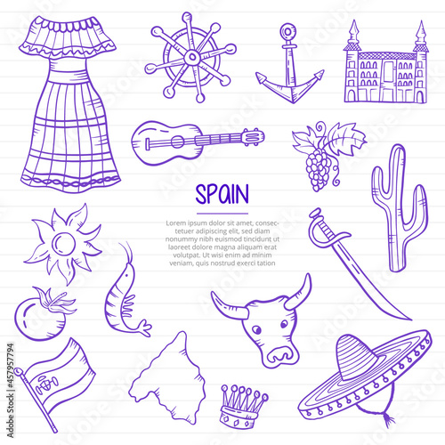 spain nation or country doodle hand drawn with outline style on paper books line