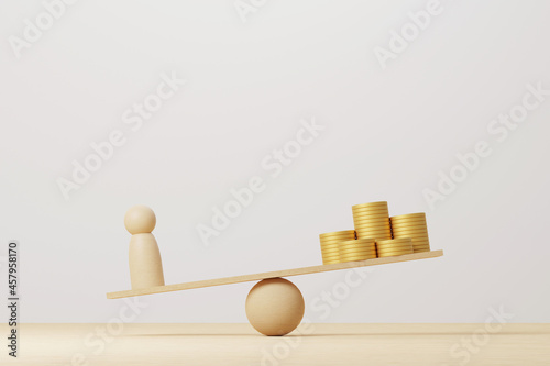 Coin stack compare wooden human on wood scale seesaw. 3d illustration