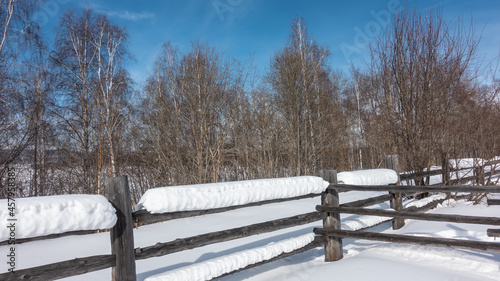 Thick layers of snow lie on the unpainted wooden fence. There are snowdrifts on the ground. Winter birch grove against the blue sky. Siberia. 