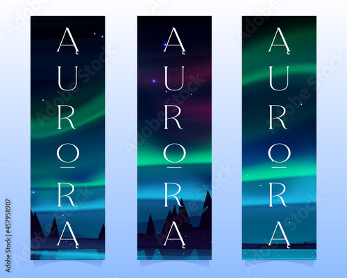 Aurora borealis, northern lights in arctic night sky with stars on bookmarks. Vector vertical banners with cartoon winter landscape with lake, silhouettes of trees and polar lights