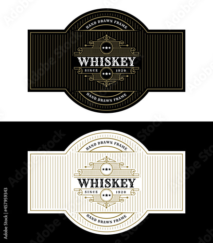 Whiskey Bourbon Vintage luxury antique border frame western engraving labels for beer wine whiskey alcohol product box packaging label vector printable template