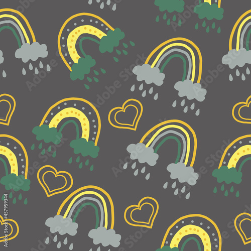 abstract rainbow and hearts seamless pattern. hand drawn in boho style. trendy colors 2021. doodle. textiles, nursery room decor, wallpaper, wrapping paper.