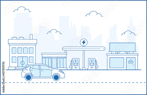 Thin line Electric vehicle and City landscape. Downtown landscape with high skyscrapers. Panorama architecture City landscape template. buildings and store, shop Isolated outline illustration.