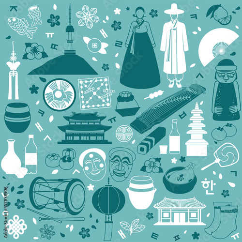 Vector seamless background with symbols and landmarks representing South Korea like hanok, hanbok, bibimbap, gayageum, etc. Template for poster, banner, flyer, or booklet. EPS10