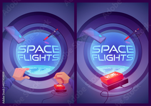 Space flights posters with spaceship interior with porthole, man hands, home buttons and tablet flying in zero gravity. Vector banners with cartoon illustration of rocket window with Earth view