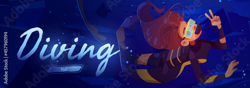 Diving cartoon web banner, scuba diver girl explore sea bottom. Woman wear costume, flippers, mask and tube underwater floating, female character in ocean, extreme recreation, vector illustration