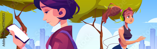 Town park with girl run and woman using mobile phone. Vector cartoon illustration of morning cityscape, female character in headphones and sport suit and girl with smartphone