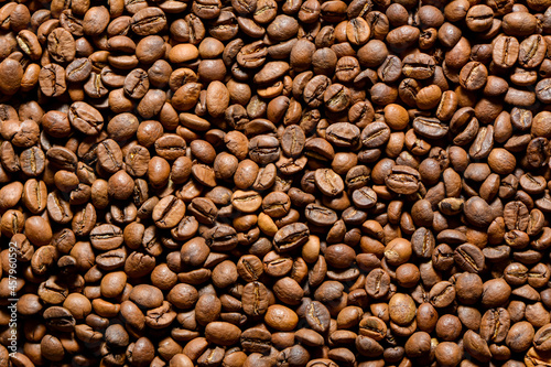 Texture of roasted coffee beans close-up