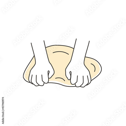 Kneading dough outline icon. Hands and batter. Homemade bakery. Making sourdough bread preparation step. Instruction for baking recipe. Flat vector cartoon illustration.