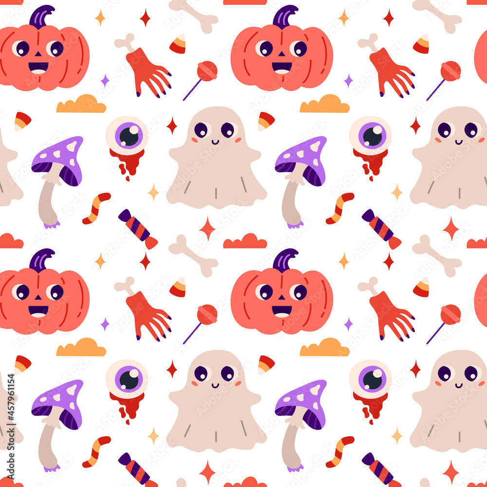 Obraz premium Happy Halloween. Seamless pattern. Cute vector illustration with pumpkin, hand with bone, mushroom, candy, ghost.