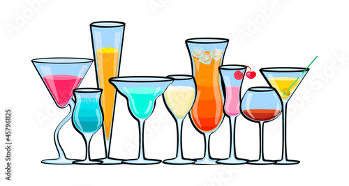 Set of exotic alcoholic cocktails isolated on white background.