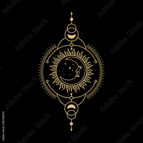 Crescent moon with human face ornament in antique style engraving boho tattoo tarot cards vector Premium Vector