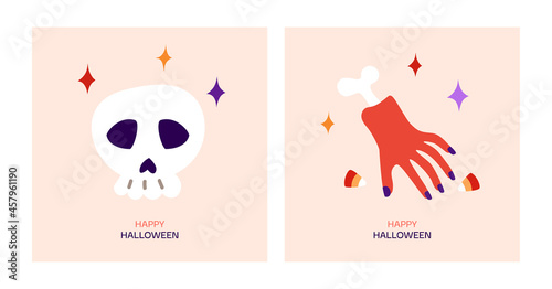 Happy Halloween greeting card. Cartoon vector illustration with cute magic skull, hand with bone and stars.