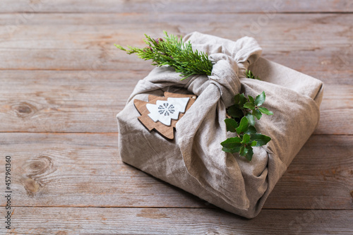 Zero waste Christmas concept, handmade gift box, furoshiki style photo