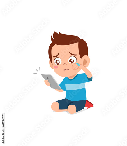 little boy using mobile phone and cry