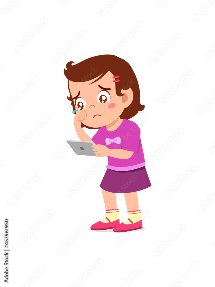 little girl using mobile phone and cry