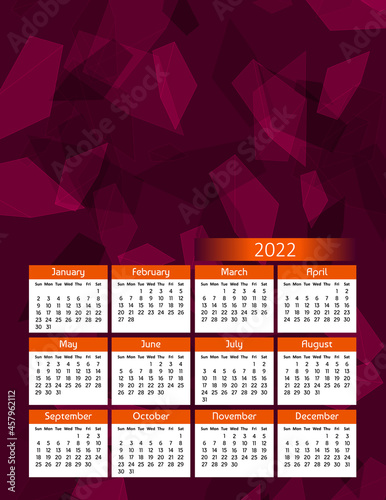 Vertical futuristic yearly calendar 2022, week starts on Sunday. Annual big wall calendar colorful modern polygonal illustration in red and orange. A4 Us letter paper size.