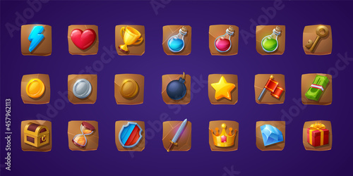 Set of game icons or buttons. Cartoon 3d ui shield, sword, flash and heart, golden cup, magic potion flasks, gold key and treasure chest. Flag, gift box, bomb and money bills, hourglass and brilliant