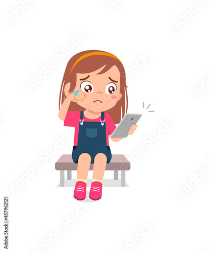 little girl using mobile phone and cry