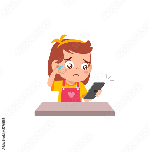 little girl using mobile phone and cry