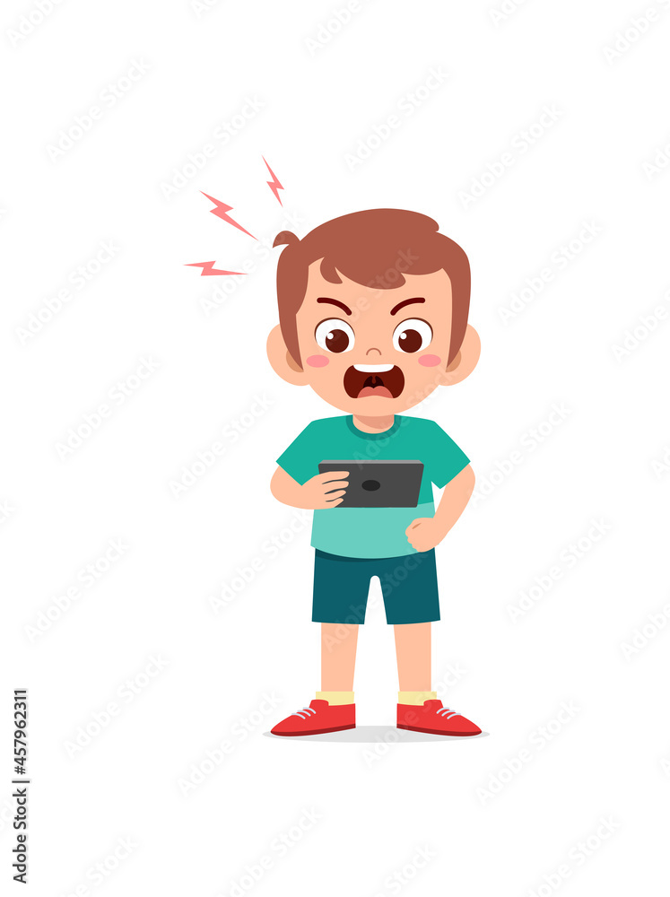 little boy using mobile phone and angry