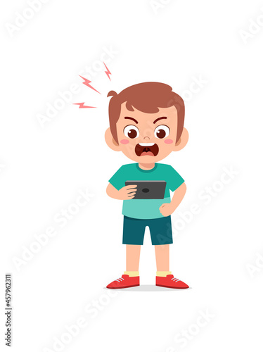 little boy using mobile phone and angry