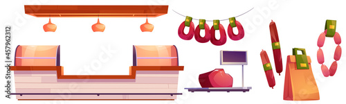 Meat market stall, beef, pork on scales, sausages and paper pack. Vector cartoon set of butcher shop or butchery department in store with counter with fridge and food isolated on white background