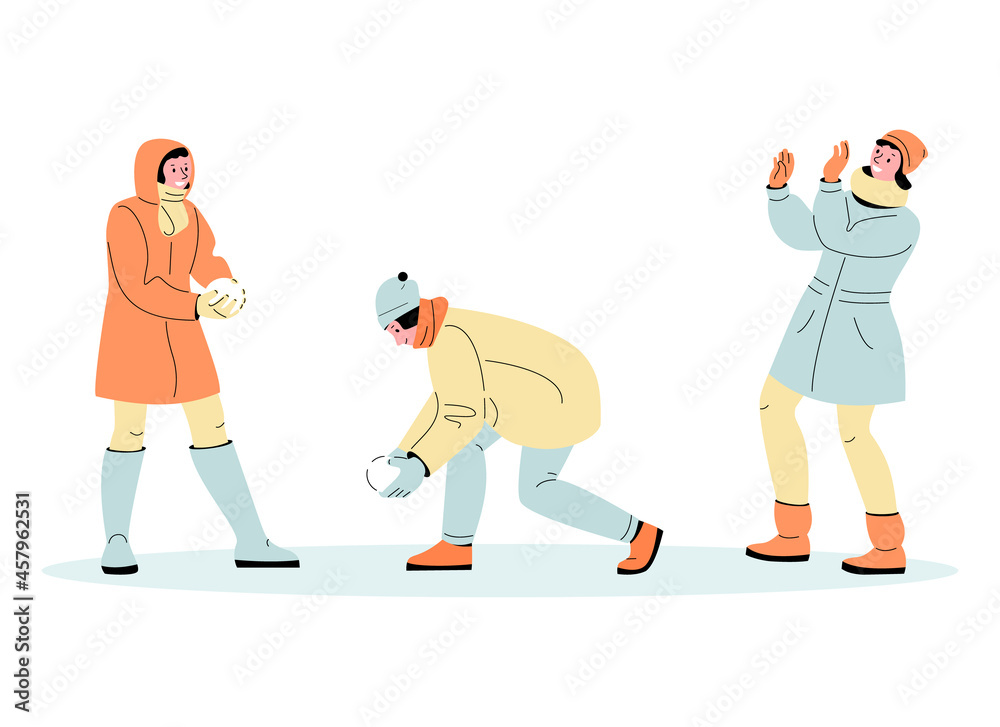 Naklejka premium Young people guy and girl play snowballs. Fun winter games. Set of vector illustrations in cartoon style.