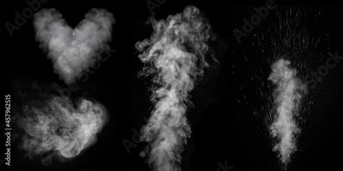 A set of various white vapors, smoke on a black background. Heart shape, shape of a cloud of smoke.