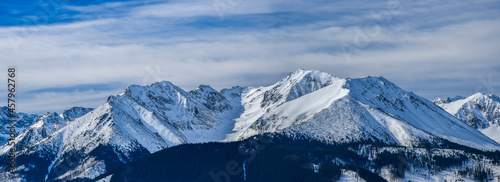 view of the peaks of the Tatra Mountains seen from the Łapszanka Pass. Winter landscape