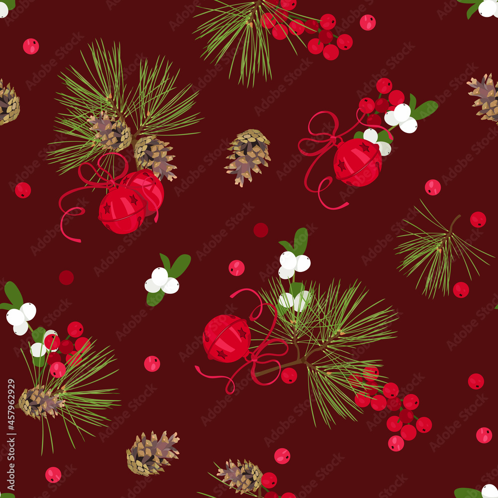 Seamless pattern with pine cones, spruce, christmas bells and berries on a burgundy background. Seamless pattern with pine cones, spruce, christmas bells and berries on a burgundy background.