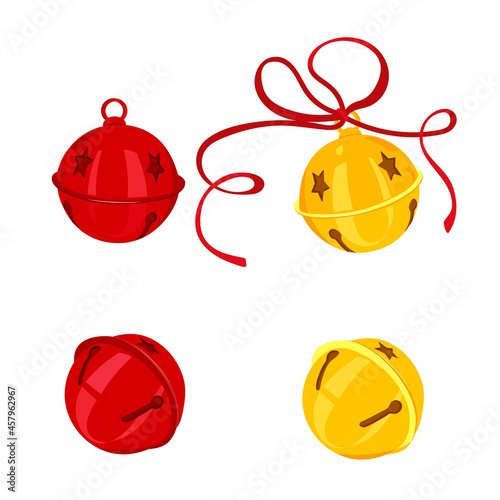 Yellow and red Christmas bells holiday collection and red ribbon isolated on white background. Vector xmas illustration set